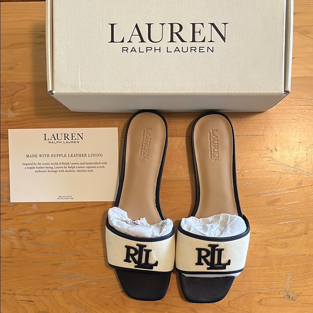 NEW in box, Ralph Lauren Everley Slides, Navy Beige